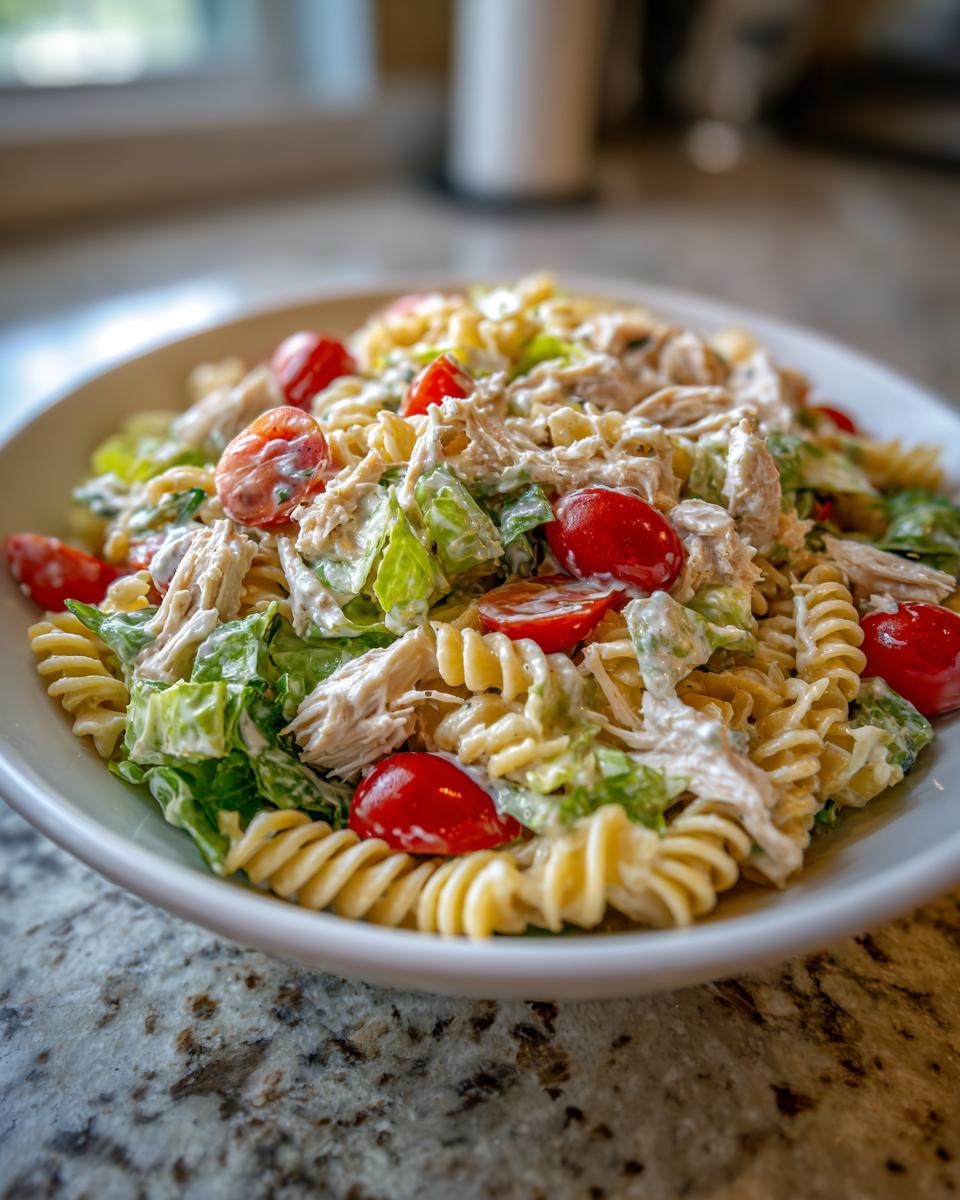 Close-up of a bowl of chicken caesar pasta salad healthy, featuring rotini pasta, shredded chicken, romaine lettuce, and cherry tomatoes.