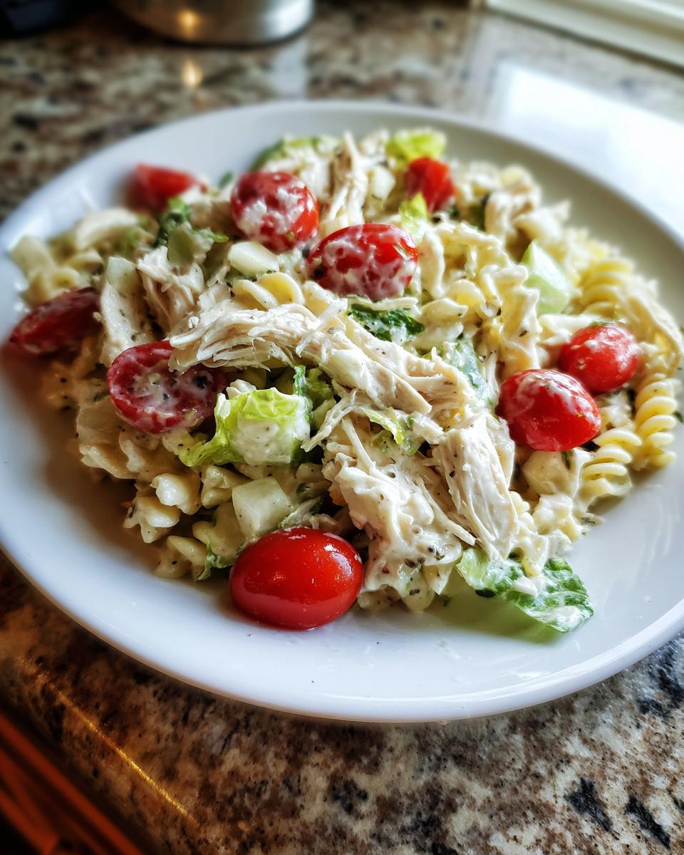 A serving of healthy chicken caesar pasta salad featuring shredded chicken, rotini pasta, lettuce, and cherry tomatoes.