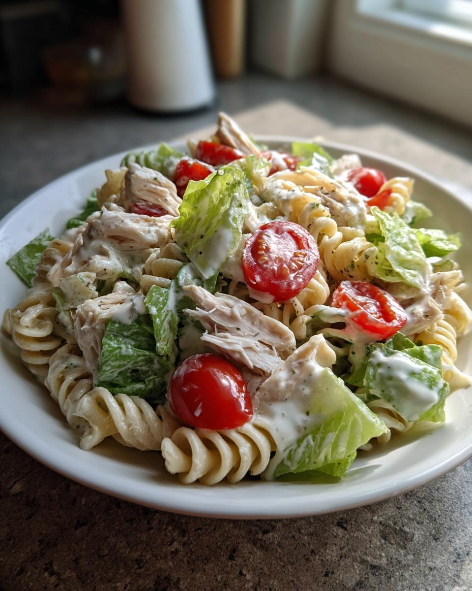 A close-up of a bowl of chicken caesar pasta salad healthy, featuring rotini pasta, shredded chicken, cherry tomatoes, and creamy dressing.