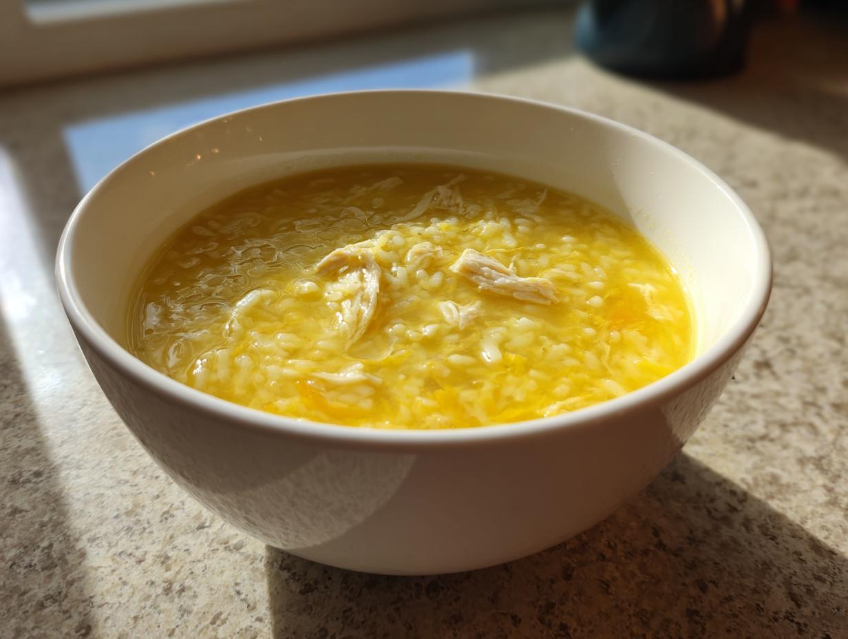 A close-up of a white bowl filled with bright yellow chicken lemon rice soup, featuring visible rice grains and shredded chicken.