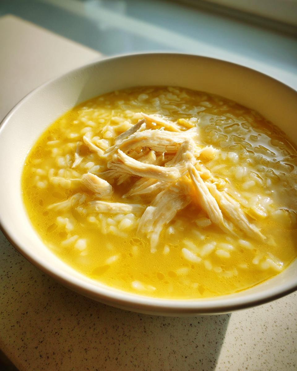 Close-up of a bowl of bright yellow chicken lemon rice soup topped with shredded chicken.