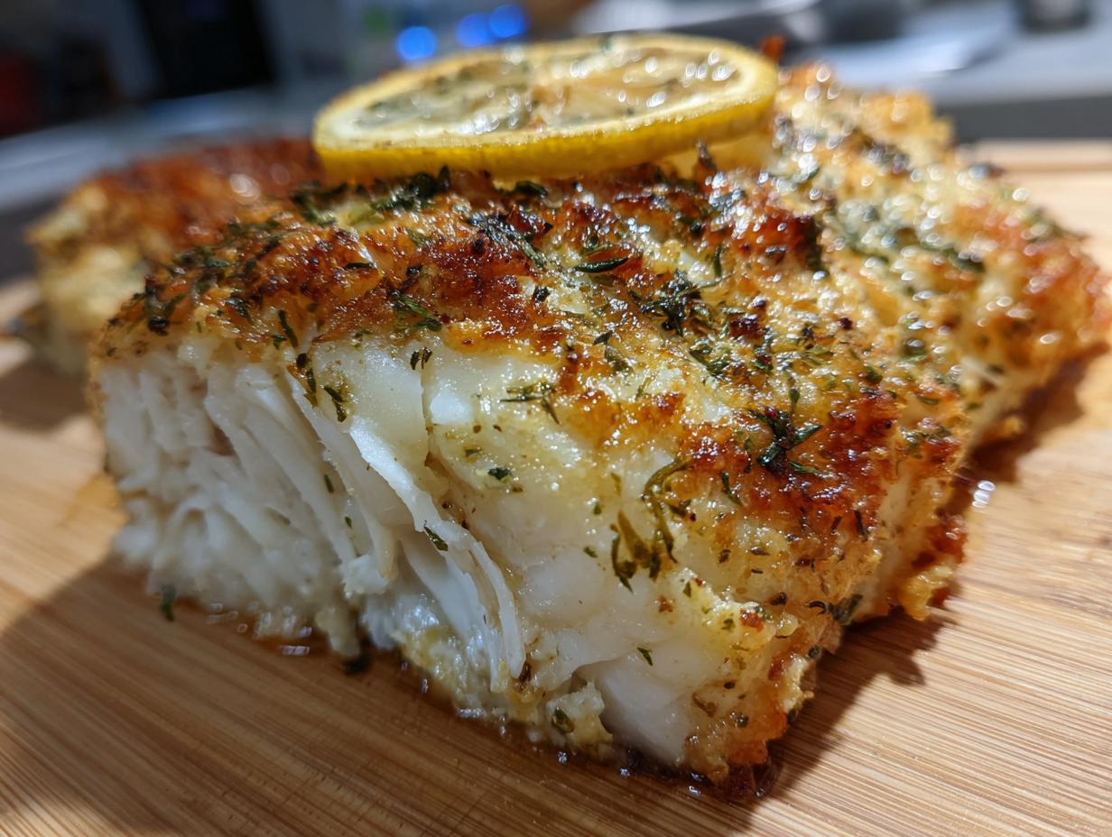 Close-up of a flaky, oven-baked chilean sea bass fillet seasoned with herbs and topped with a lemon slice.