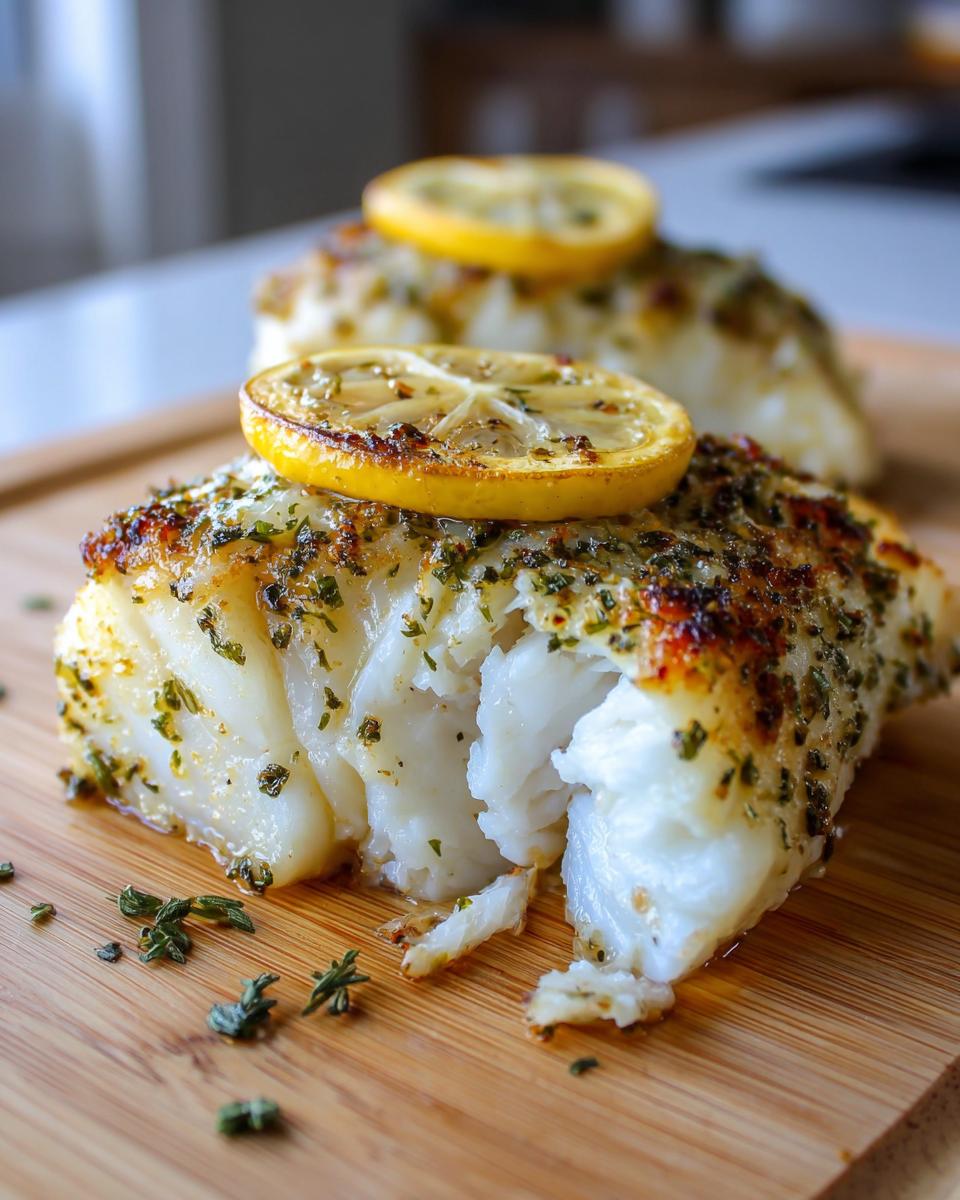 Close-up of flaky, oven-baked chilean sea bass topped with herbs and a lemon slice.