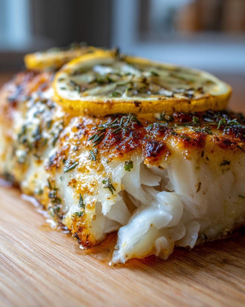 Close-up of flaky, oven-baked chilean sea bass recipe topped with browned herbs and lemon slices.