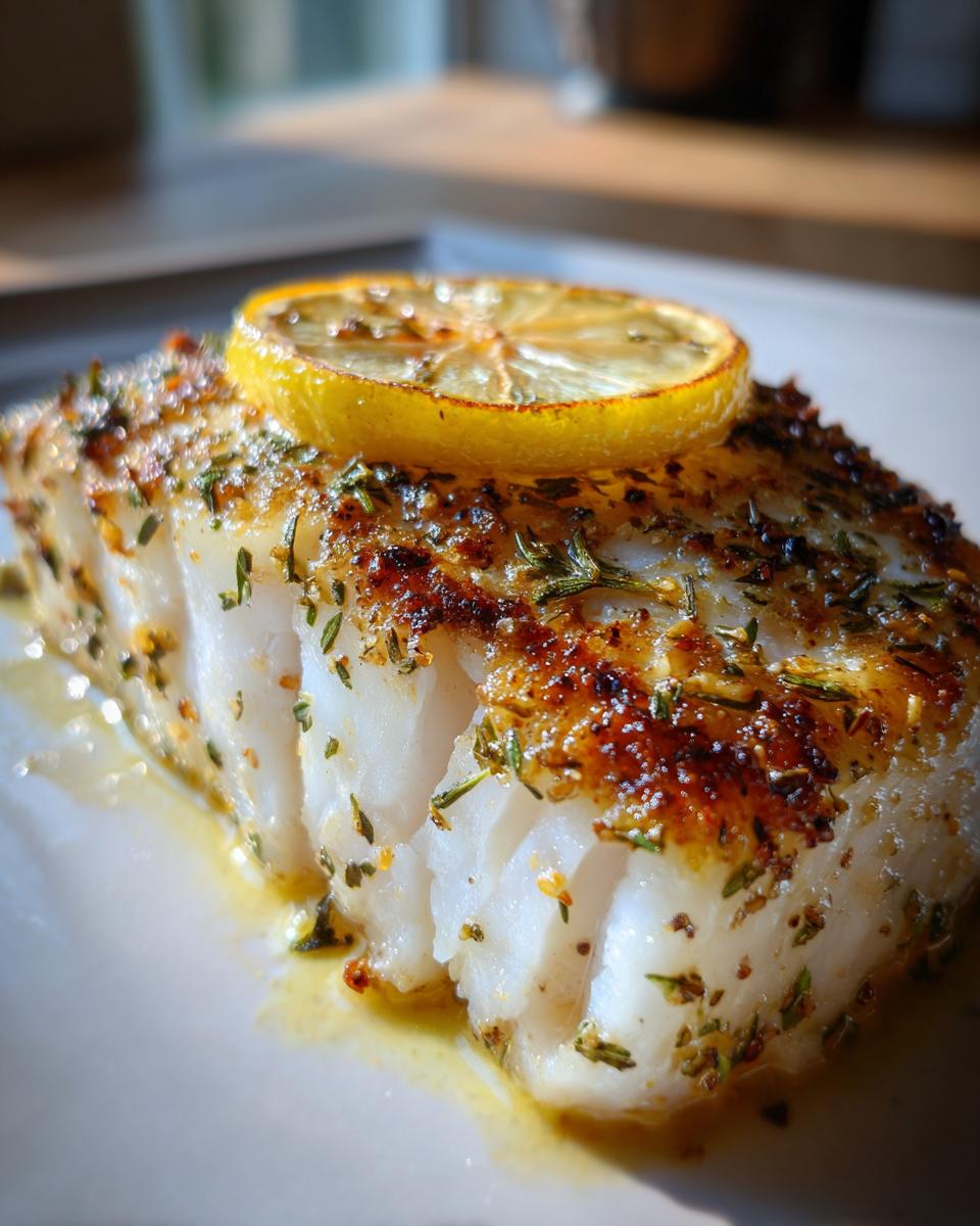 Close-up of a flaky, oven-baked chilean sea bass fillet seasoned with herbs and topped with a lemon slice.