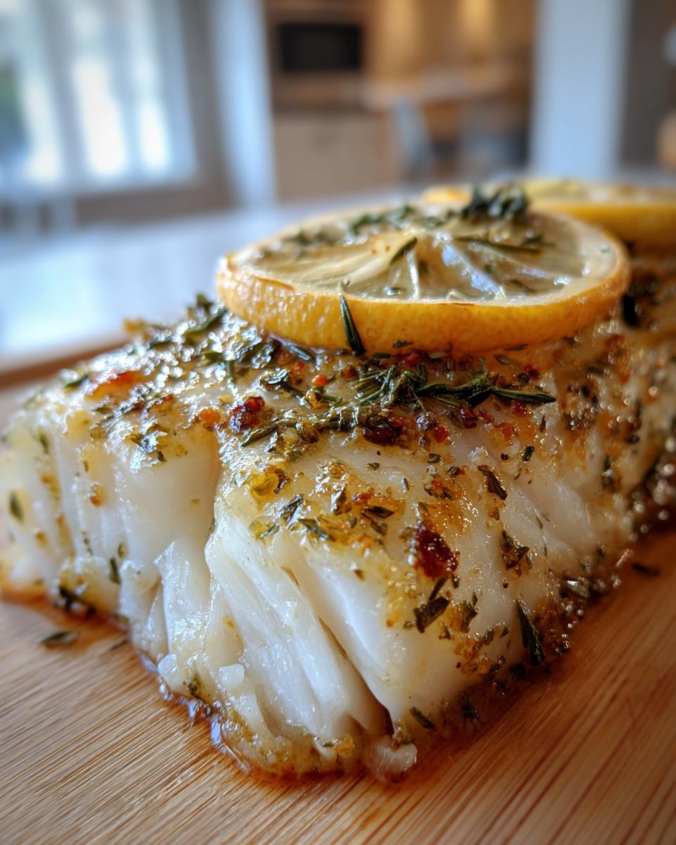 Close-up of a flaky, white chilean sea bass recipe oven baked fillet topped with herbs and a lemon slice.