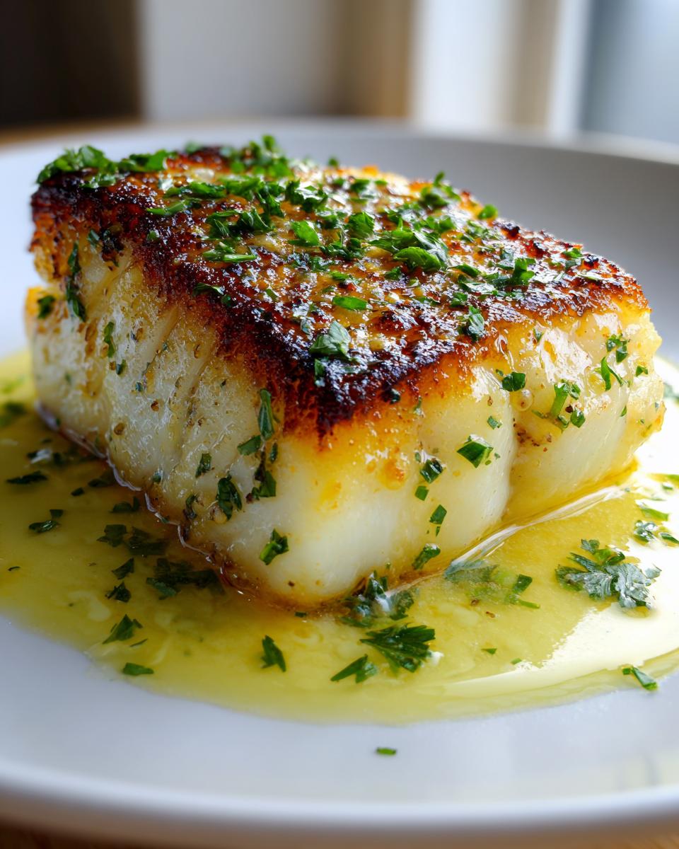 Close-up of a thick, perfectly pan seared chilean sea bass recipe fillet topped with fresh parsley.