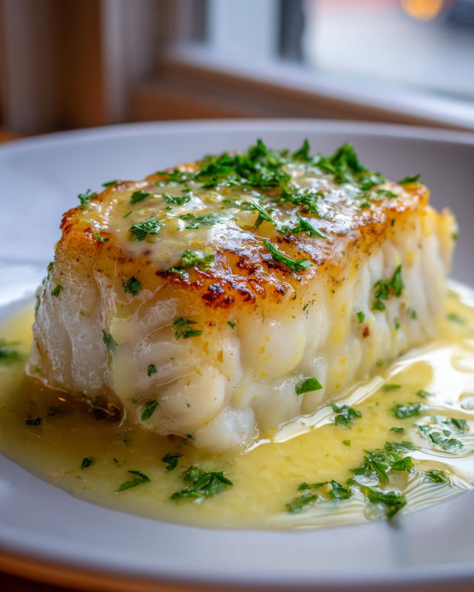 Close-up of a thick, flaky, pan seared chilean sea bass recipe fillet topped with lemon butter sauce and fresh parsley.