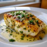A perfectly cooked fillet of chilean sea bass recipe pan seared, resting in a lemon butter sauce and topped with fresh parsley.