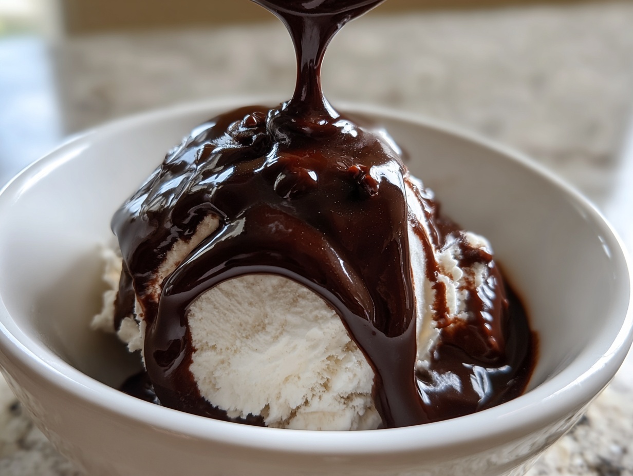 Close-up of thick, glossy chocolate sauce for ice cream being poured over a scoop of vanilla ice cream in a white bowl.