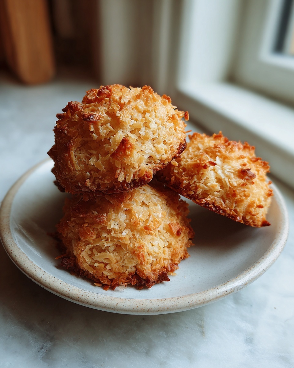 Three golden brown coconut cookies easy stacked on a small, light-colored ceramic plate.