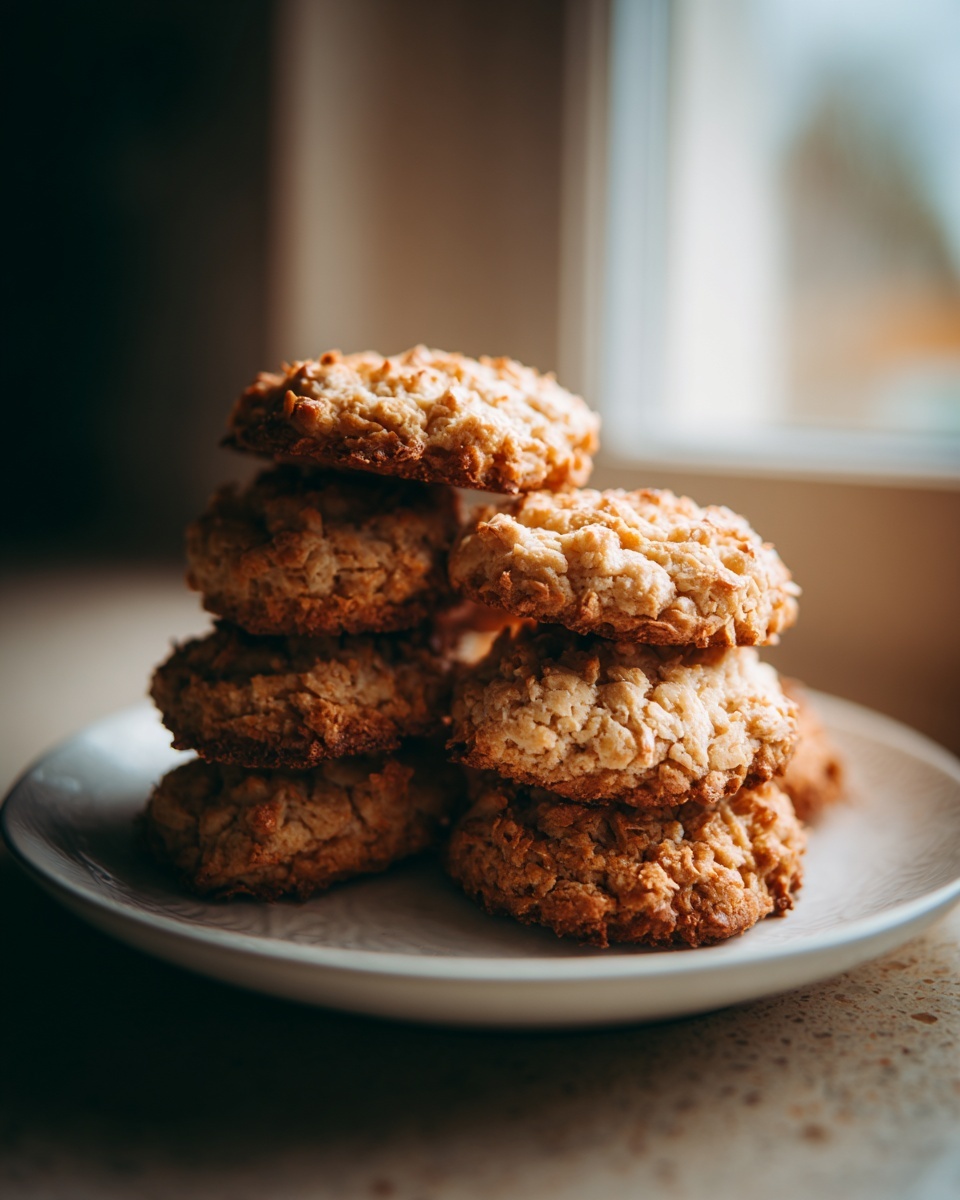 A stack of golden brown, textured coconut cookies easy recipe, resting on a white plate near a window.