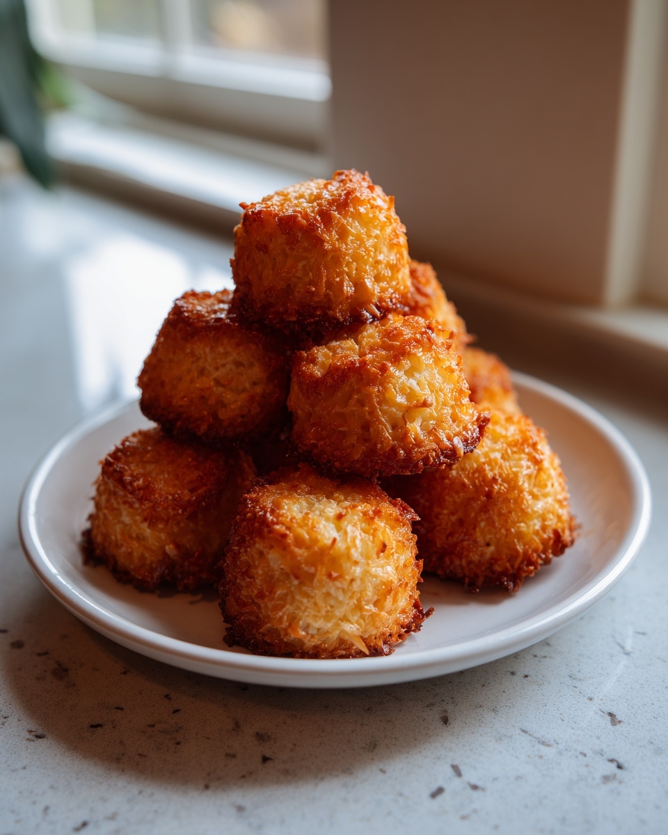 A stack of golden brown, toasted coconut cookies easy to make, served on a white plate.