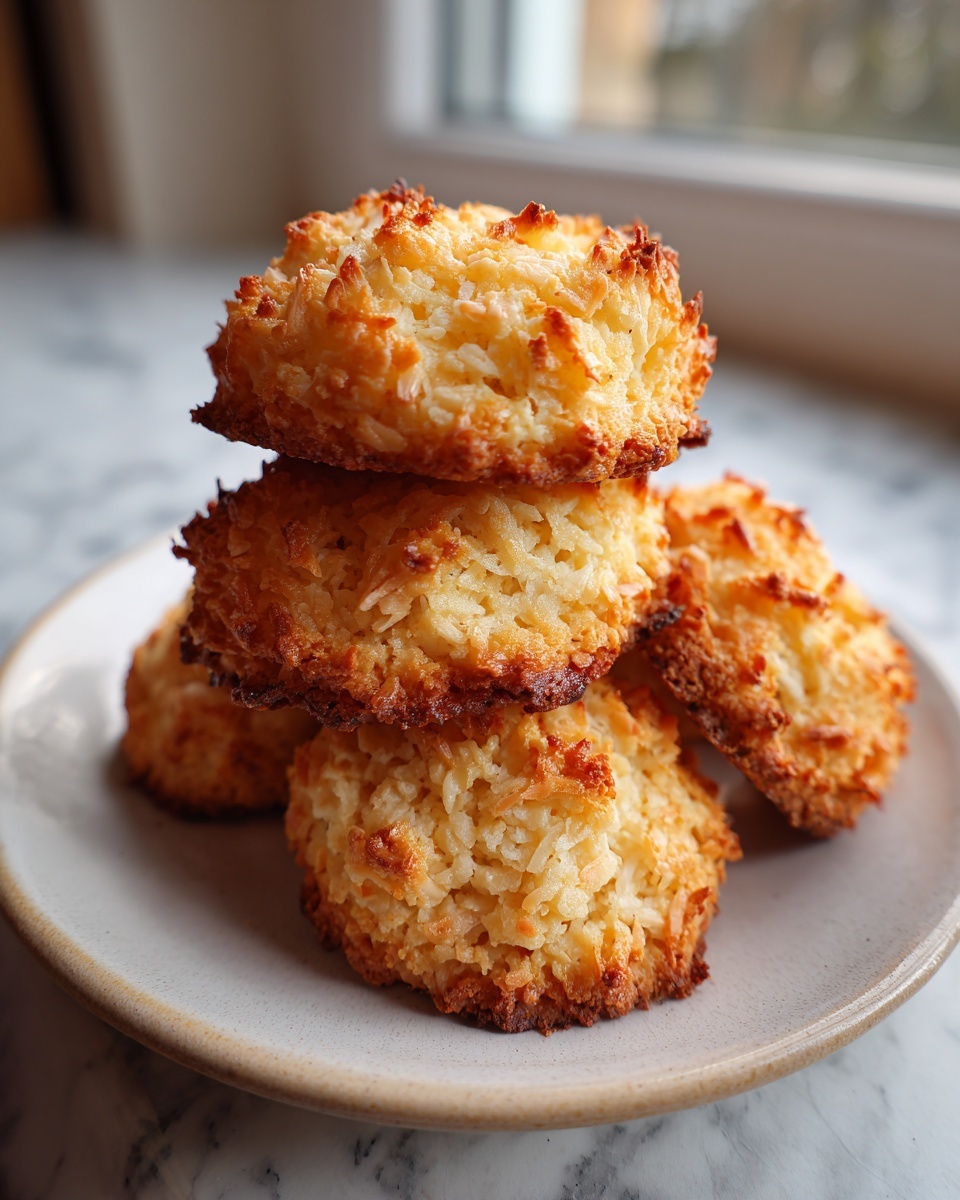 A stack of golden brown, chewy coconut cookies easy to make, sitting on a light gray plate.
