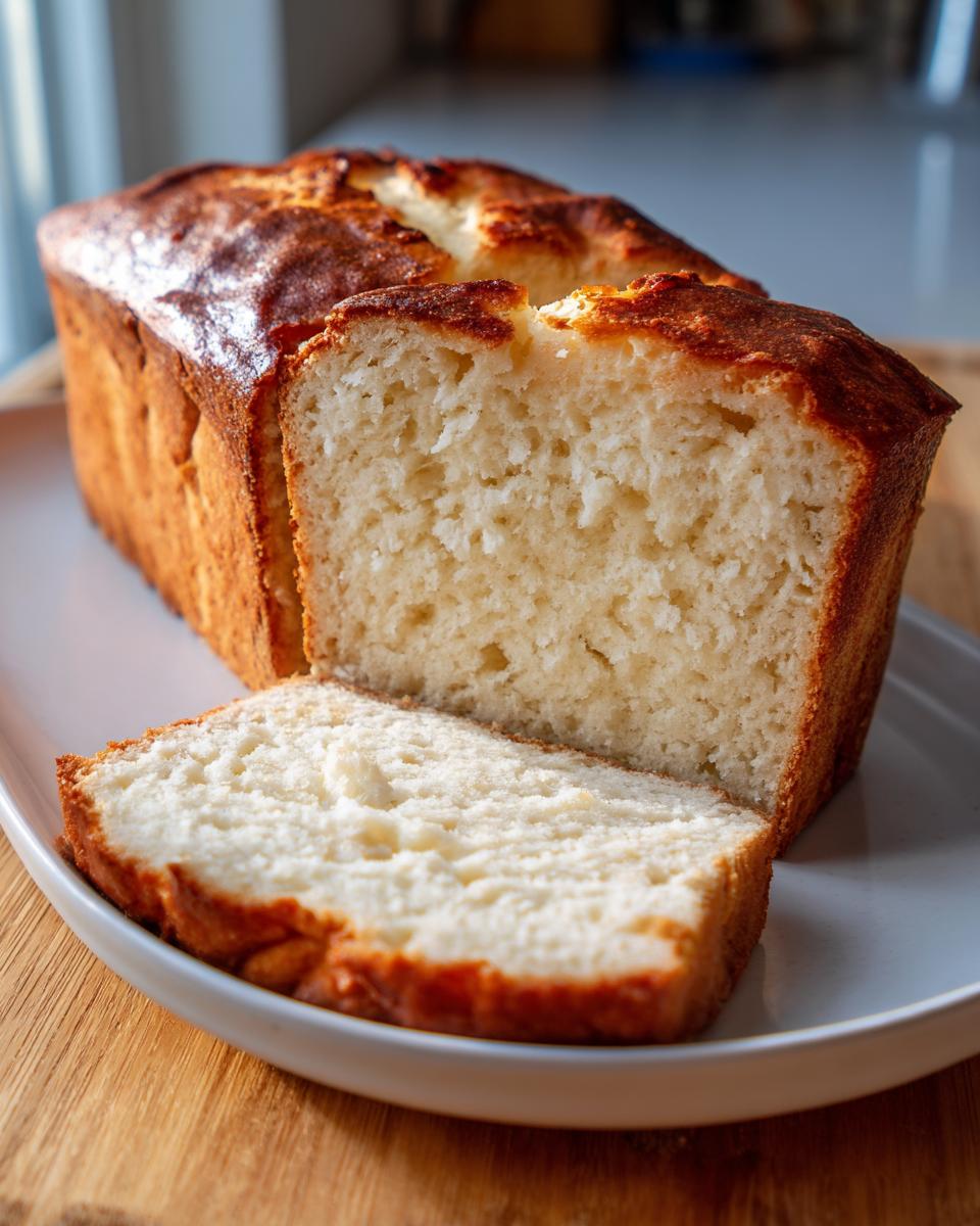A golden-brown loaf of cottage cheese bread, with one thick slice cut and resting beside it on a white plate.