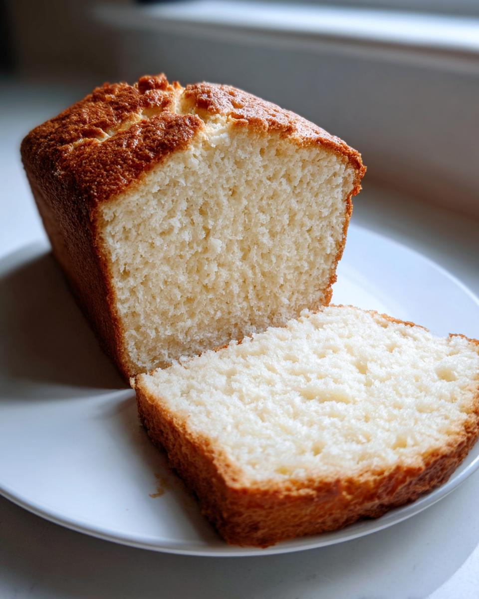 A loaf of freshly baked cottage cheese bread, with one thick slice cut and resting next to it on a white plate.
