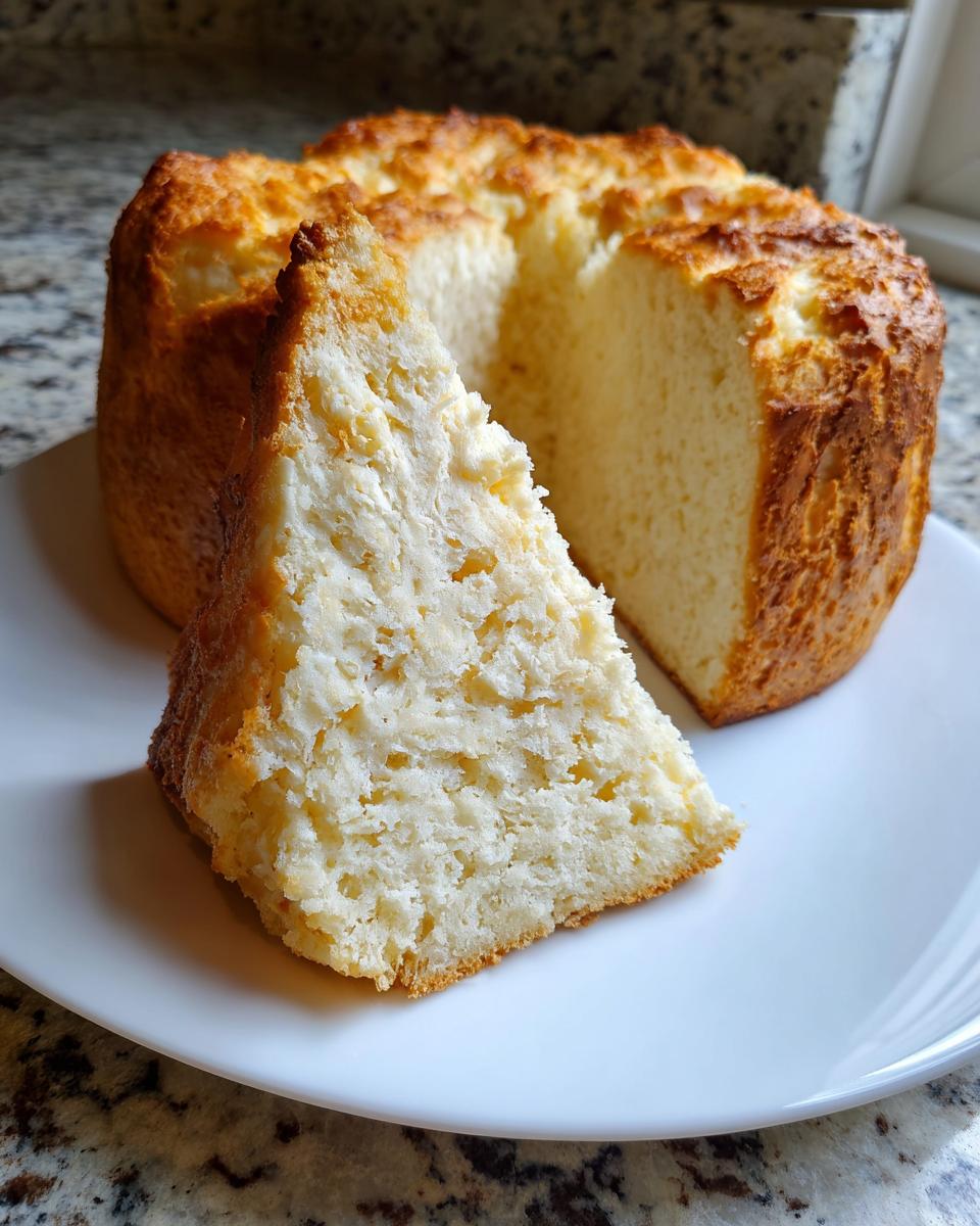 A slice of fluffy cottage cheese bread resting against the rest of the round loaf on a white plate.