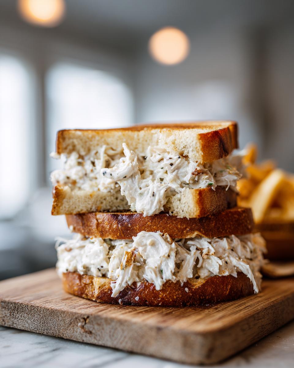 A tall, double-decker crab salad sandwich stacked high with creamy filling between slices of toasted bread.