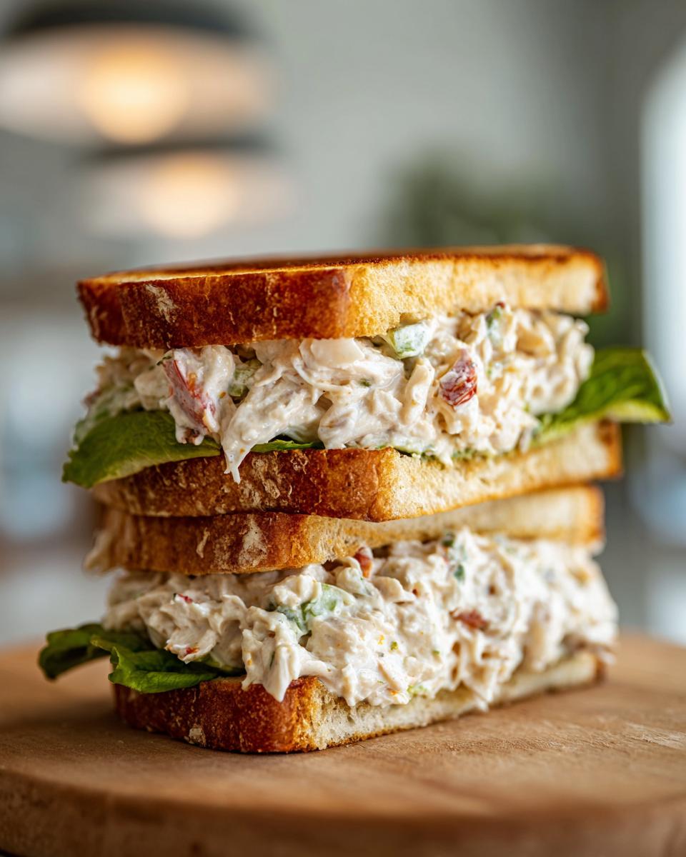 A tall, double-decker crab salad sandwich stacked on a wooden board, featuring creamy filling and toasted bread.