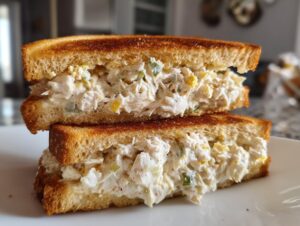 Close-up of a perfectly made crab salad sandwich, cut in half and stacked, showing creamy filling between toasted bread.