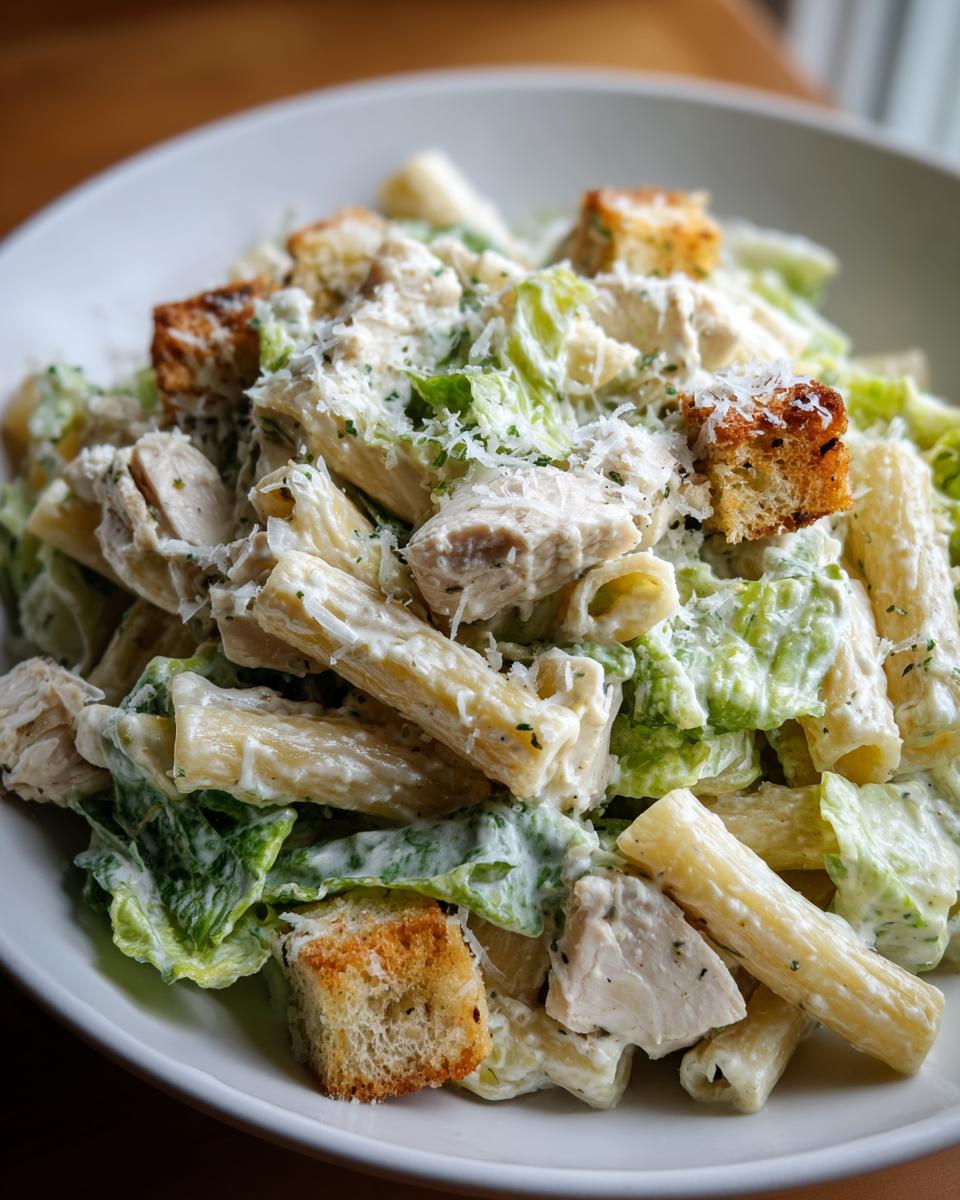 A close-up of a bowl of chicken caesar pasta salad featuring penne pasta, chicken chunks, romaine lettuce, and croutons.
