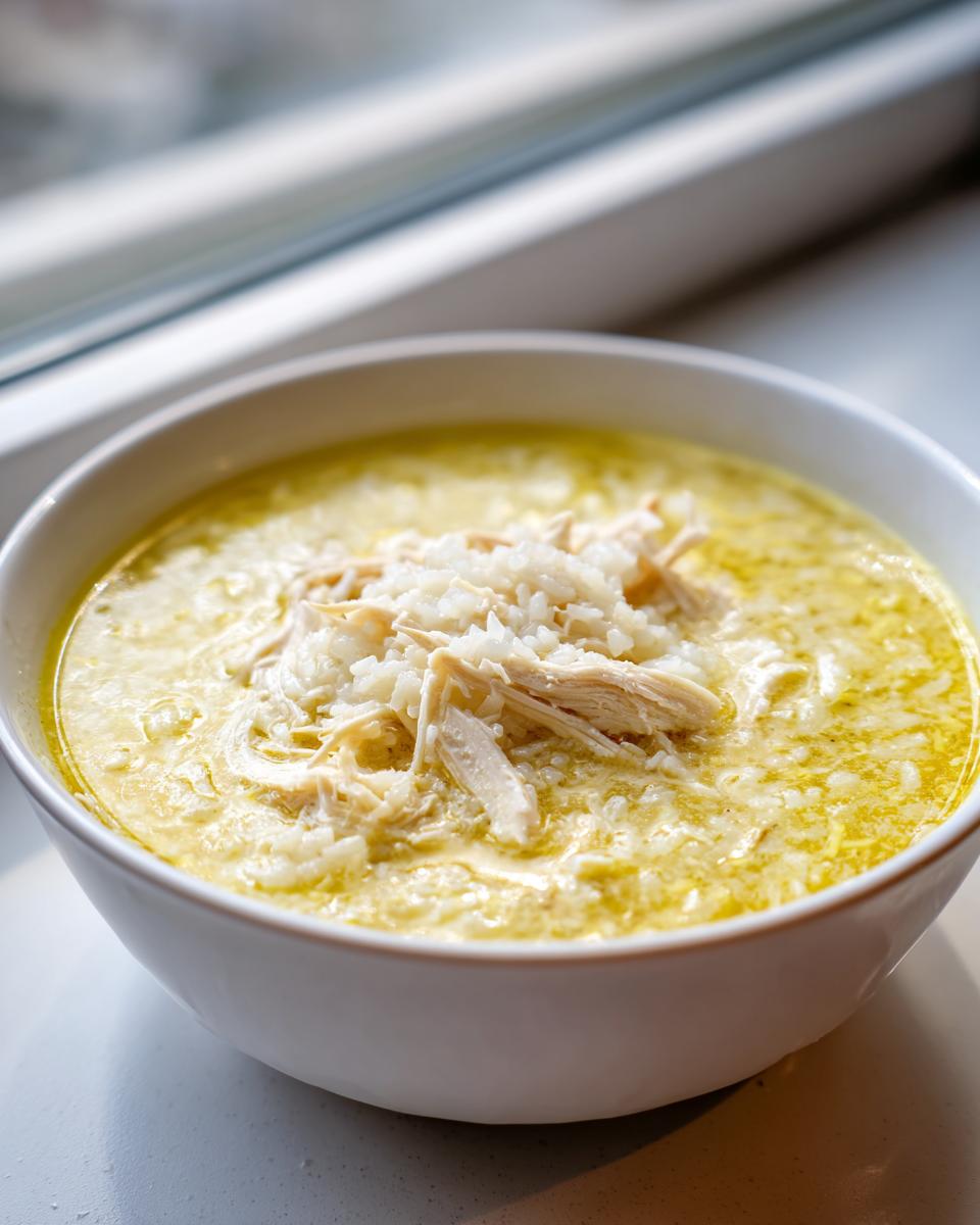 Close-up of a white bowl filled with creamy, yellow chicken lemon rice soup, topped with shredded chicken and rice.