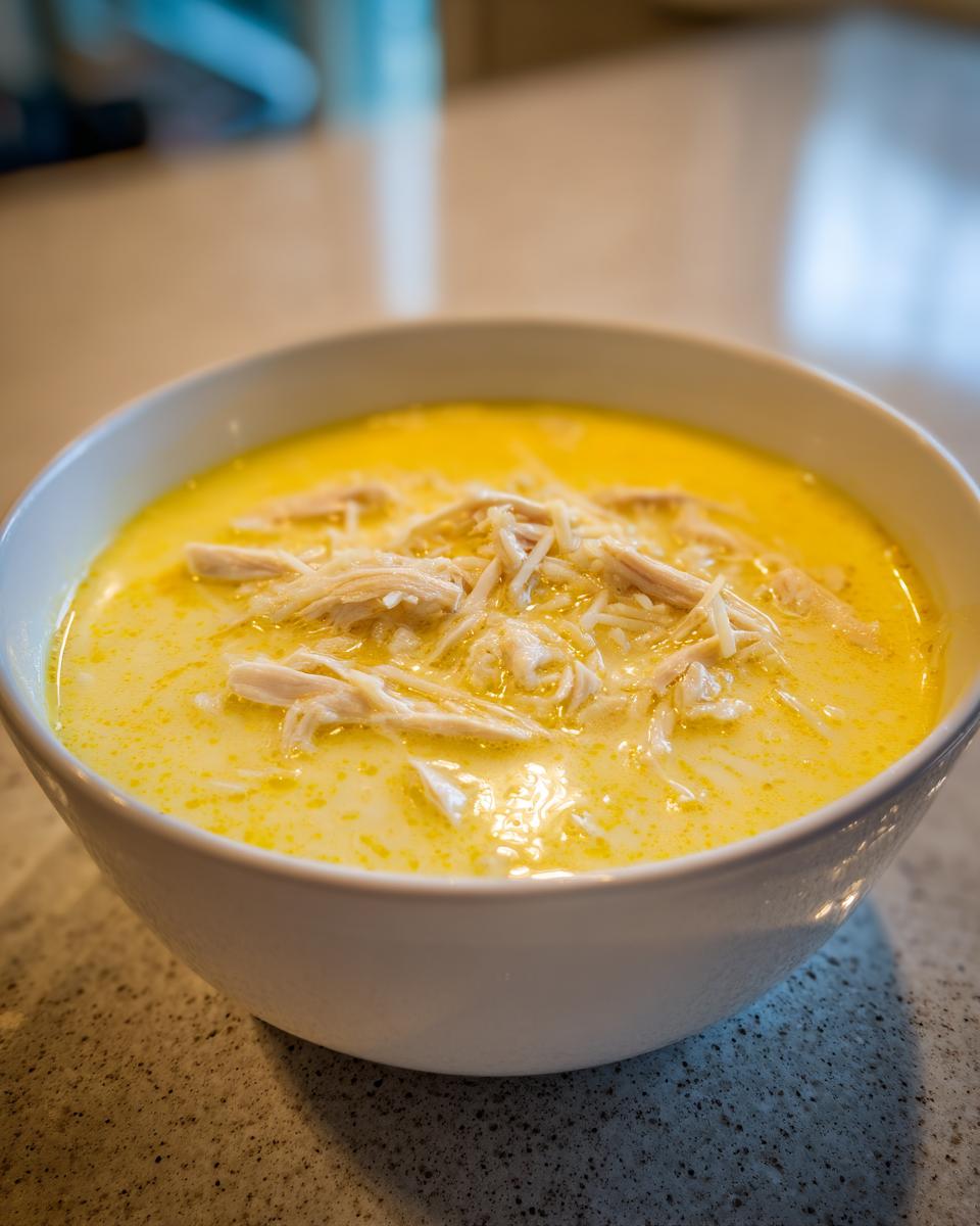 Close-up of a white bowl filled with creamy, yellow chicken lemon rice soup topped with shredded chicken.