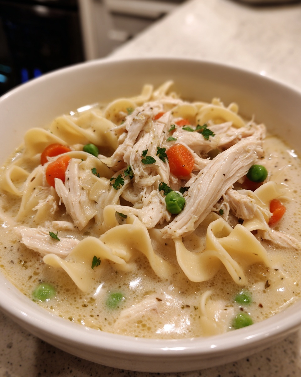 Close-up of a white bowl filled with creamy chicken noodle soup, featuring egg noodles, shredded chicken, carrots, and peas.