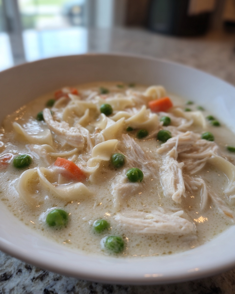 Close-up of a bowl of creamy chicken noodle soup with shredded chicken, egg noodles, peas, and carrots.
