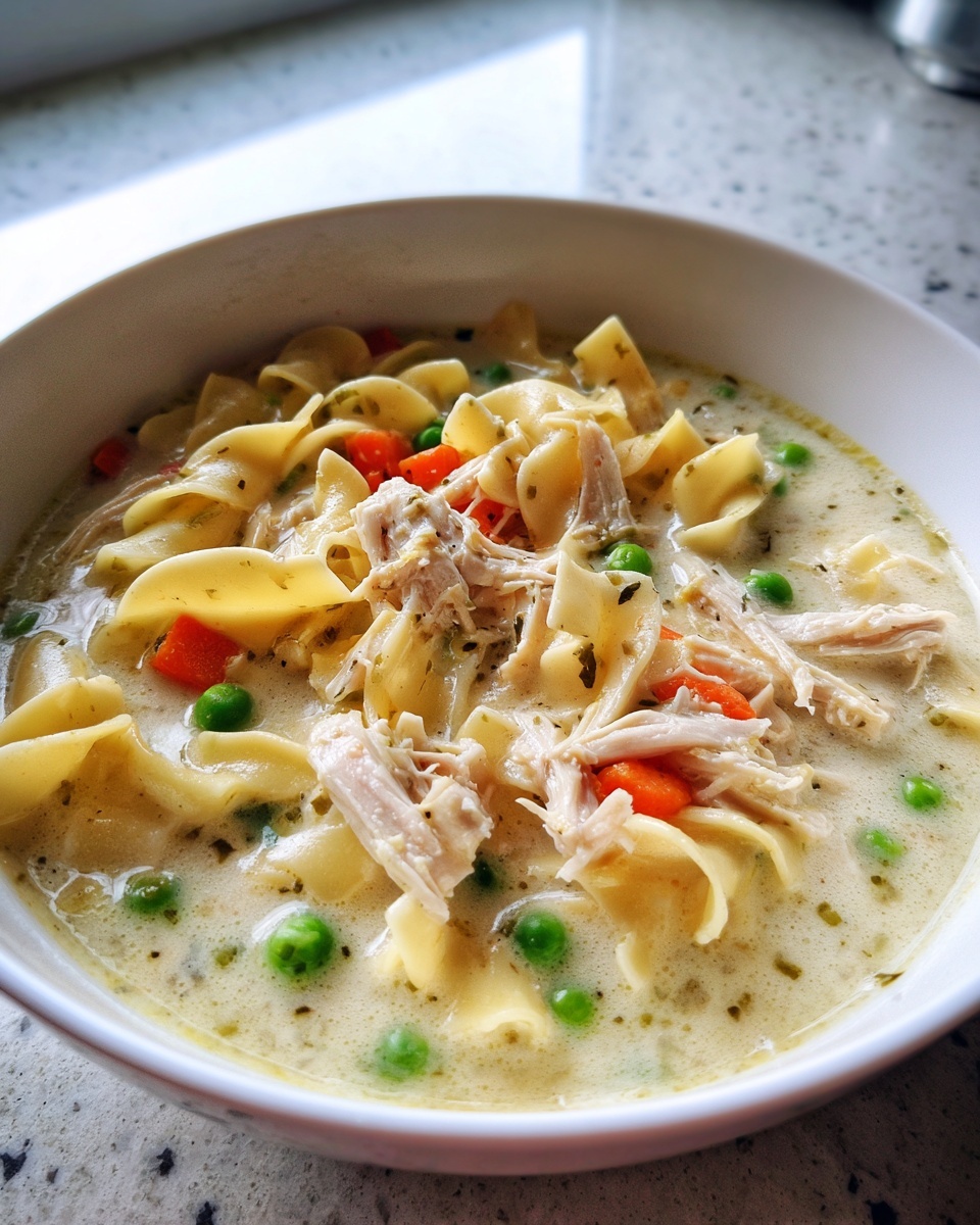 Close-up of a white bowl filled with creamy chicken noodle soup, featuring egg noodles, shredded chicken, peas, and carrots.