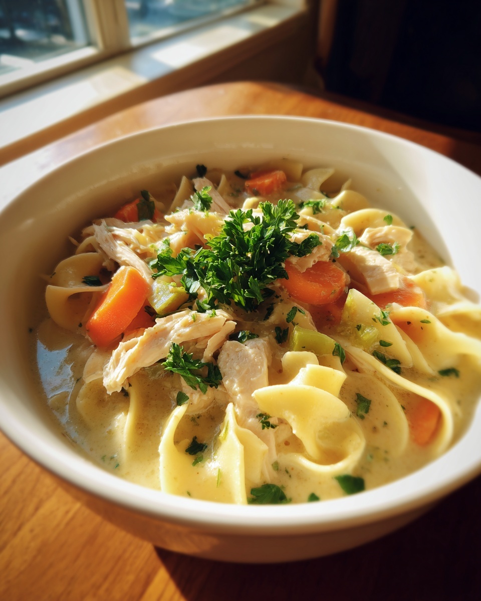 Close-up of a hearty bowl of creamy chicken noodle soup made with cream of chicken soup, topped with shredded chicken and fresh parsley.