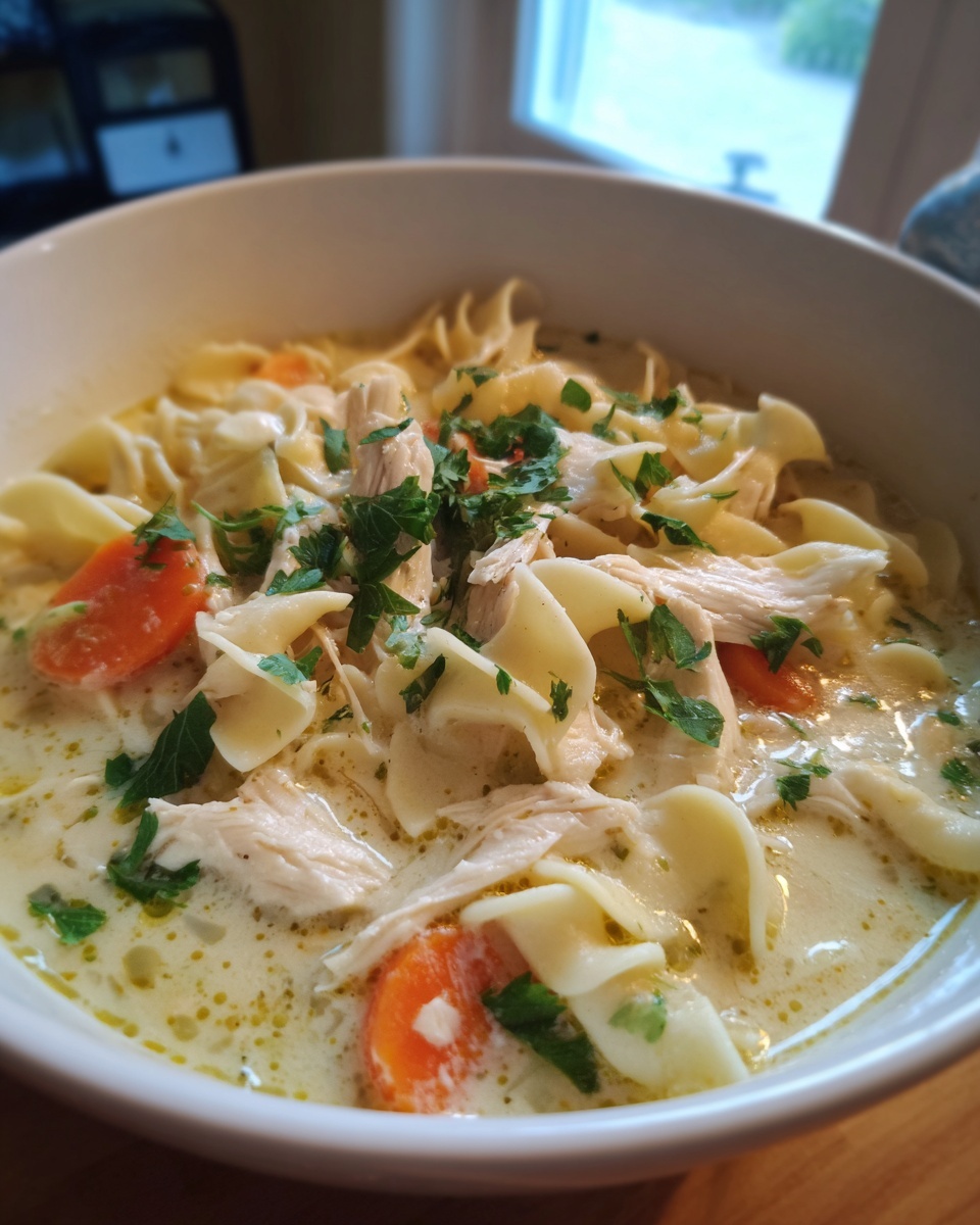 Close-up of creamy chicken noodle soup made with cream of chicken soup, featuring egg noodles, shredded chicken, carrots, and parsley.