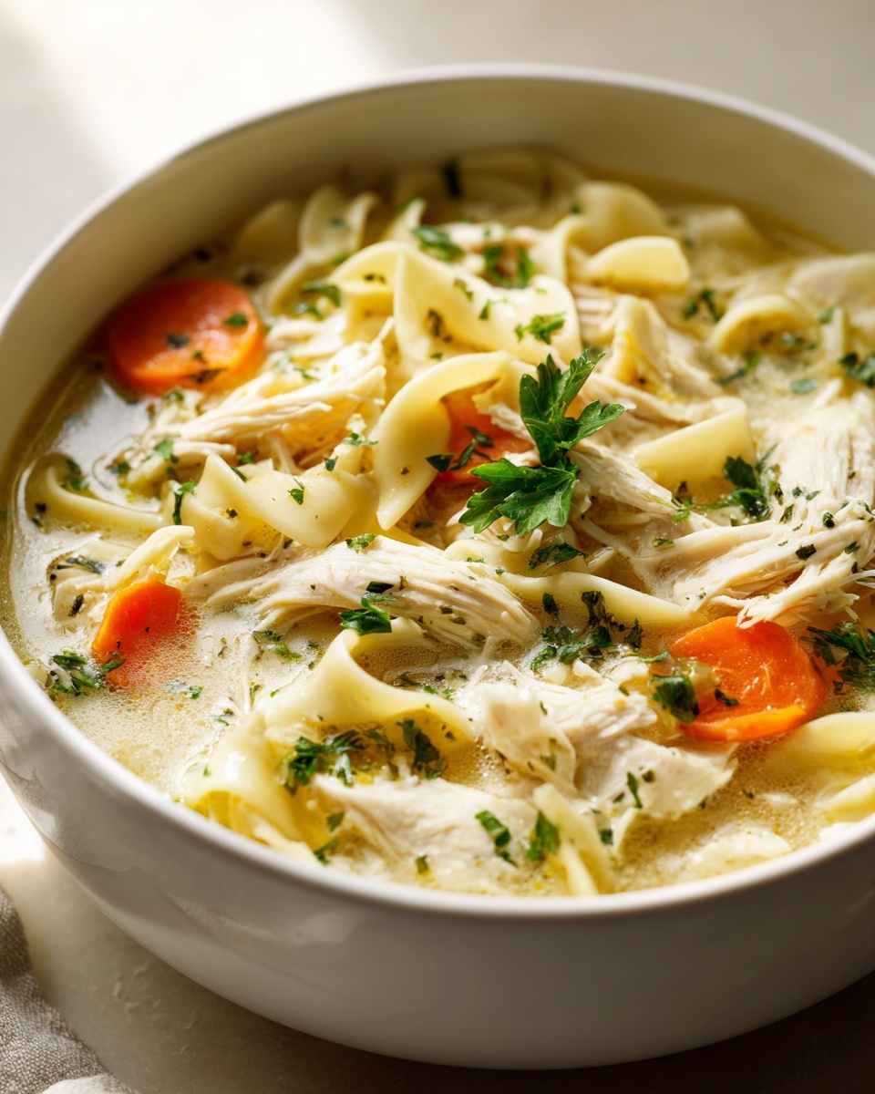Close-up of creamy chicken noodle soup made with cream of chicken soup, featuring shredded chicken, egg noodles, and carrot slices.
