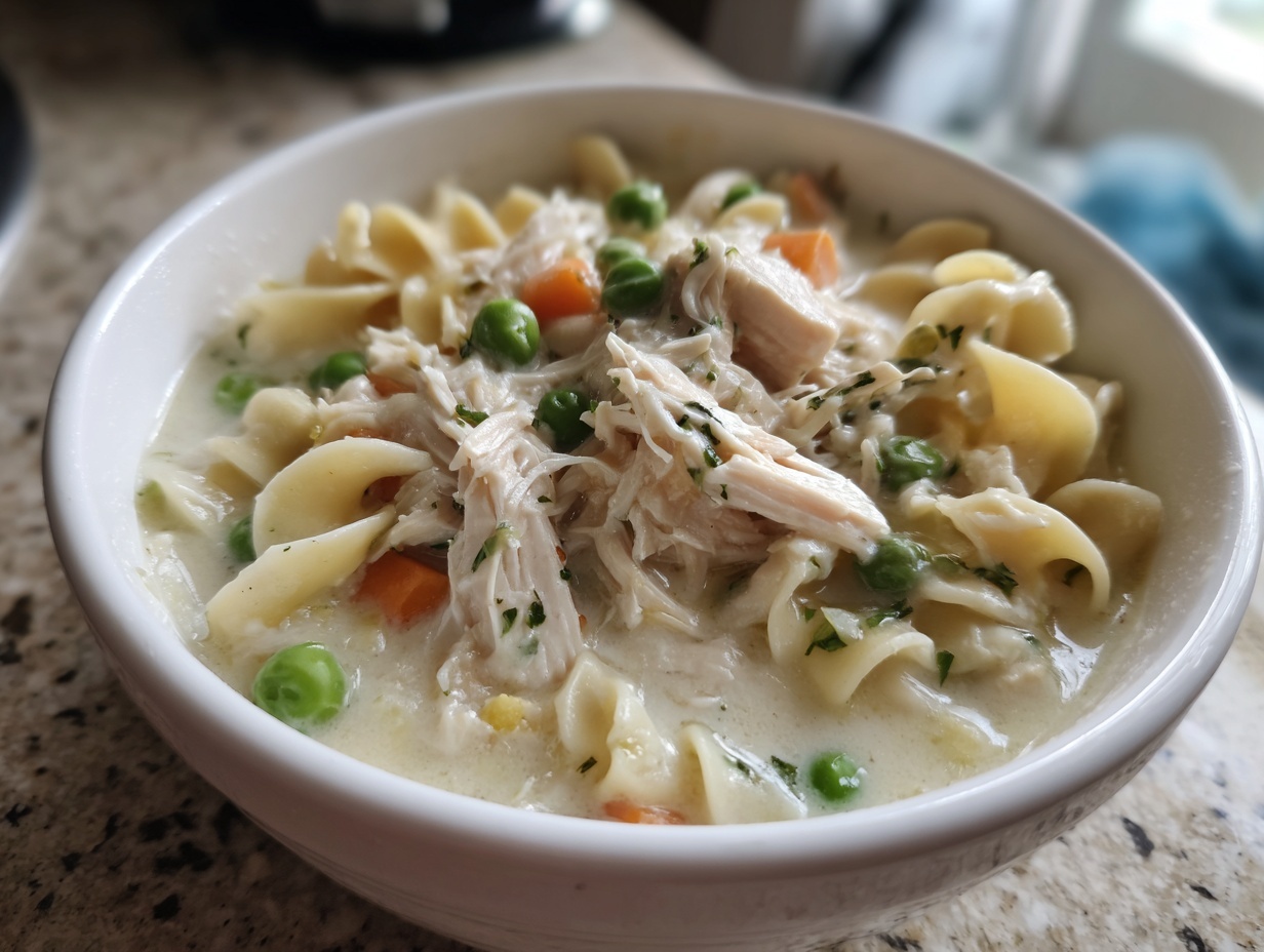 Close-up of a white bowl filled with creamy chicken noodle soup featuring shredded chicken, egg noodles, peas, and carrots.