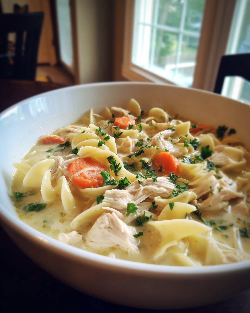 Close-up of a white bowl filled with creamy chicken noodle soup made with cream of chicken soup, featuring egg noodles, shredded chicken, and carrots.