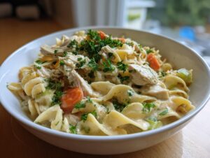 A close-up of a white bowl filled with creamy chicken noodle soup made with cream of chicken soup, featuring egg noodles, shredded chicken, carrots, and celery.