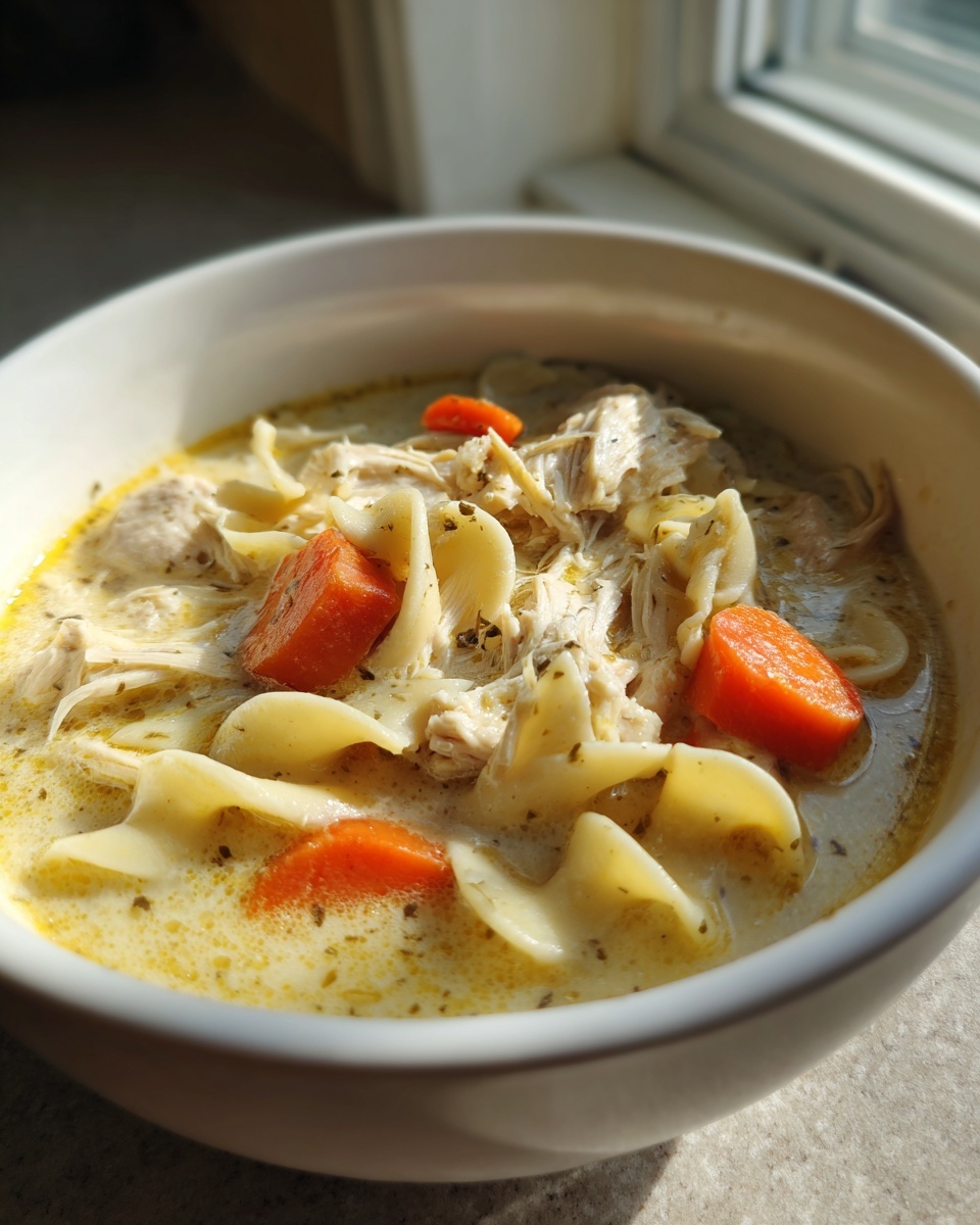 Close-up of a white bowl filled with creamy chicken noodle soup crock pot, featuring shredded chicken, egg noodles, and carrots.