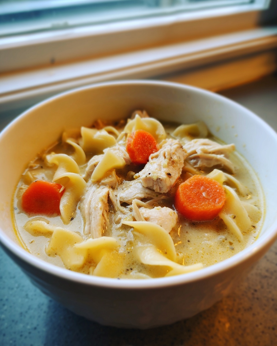 Close-up of a white bowl filled with creamy chicken noodle soup crock pot recipe, featuring shredded chicken, egg noodles, and sliced carrots.