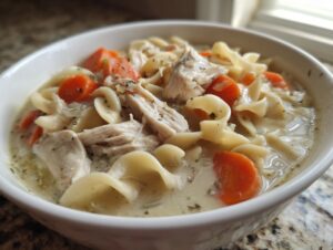Close-up of a white bowl filled with creamy chicken noodle soup crock pot, featuring shredded chicken, egg noodles, and sliced carrots.