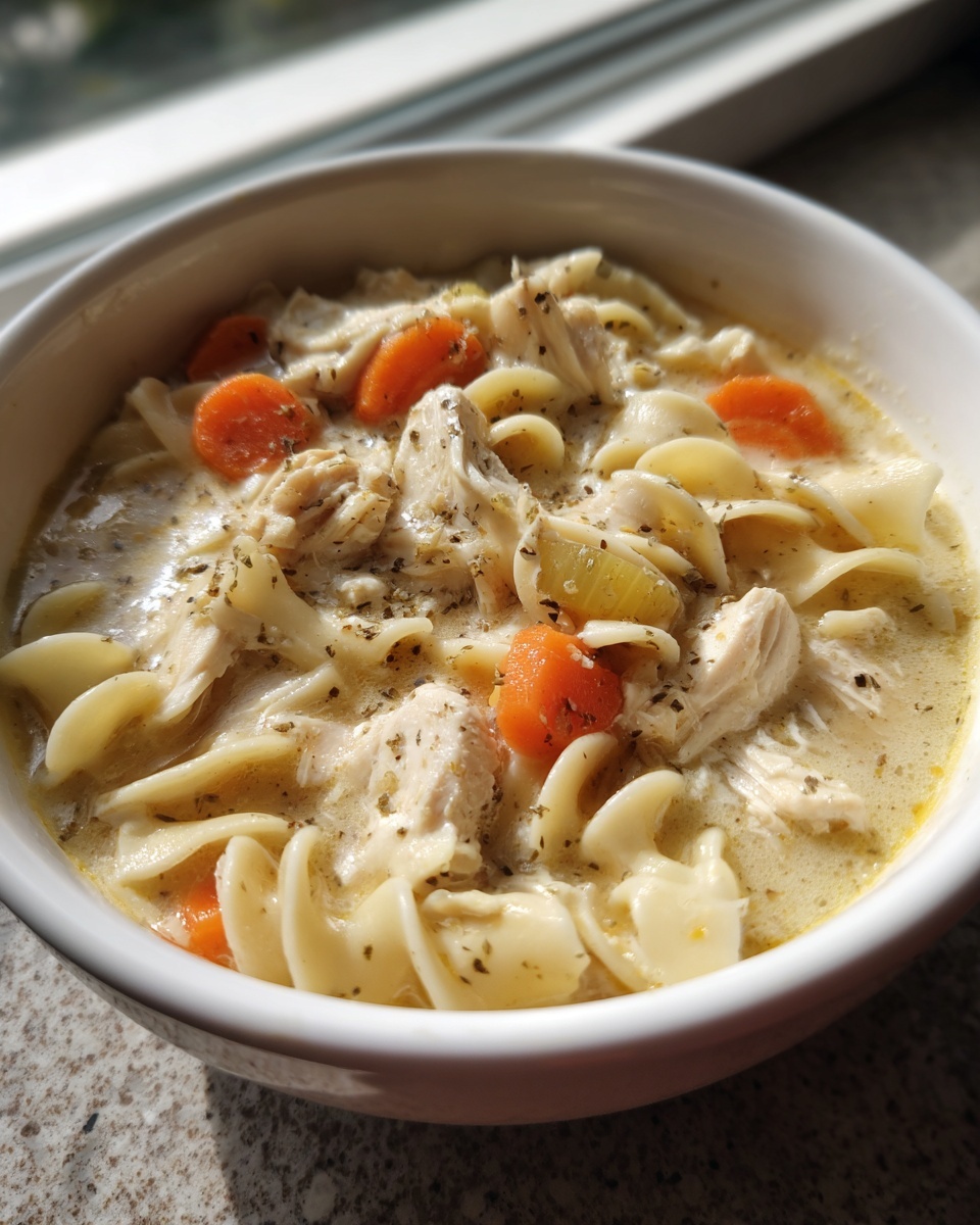 Close-up of creamy chicken noodle soup crock pot featuring egg noodles, shredded chicken, carrots, and herbs.