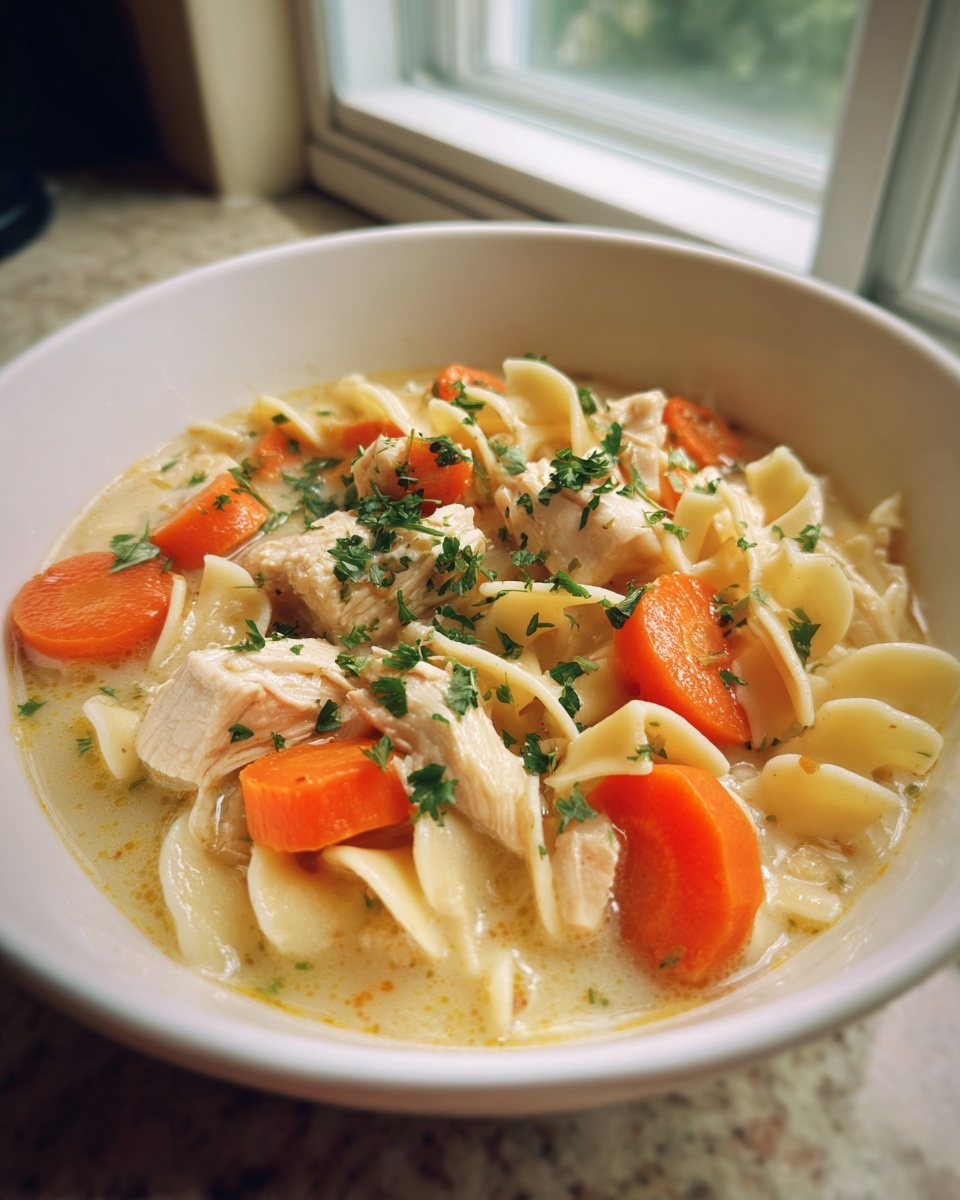 Close-up of creamy chicken noodle soup crock pot with egg noodles, carrots, and parsley garnish.