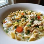Close-up of a bowl of creamy chicken noodle soup made with cream of chicken soup, featuring egg noodles, shredded chicken, carrots, and parsley.