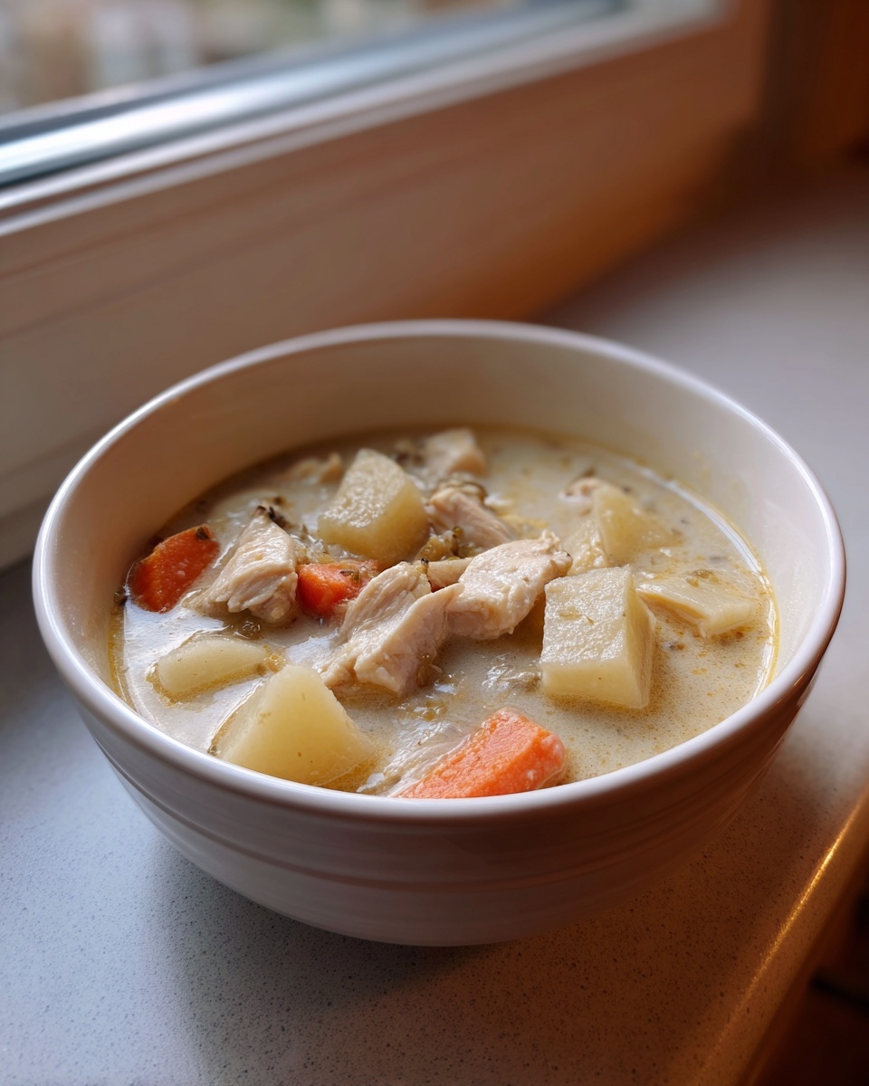 Close-up of a white bowl filled with creamy chicken noodle soup with potatoes and carrots.