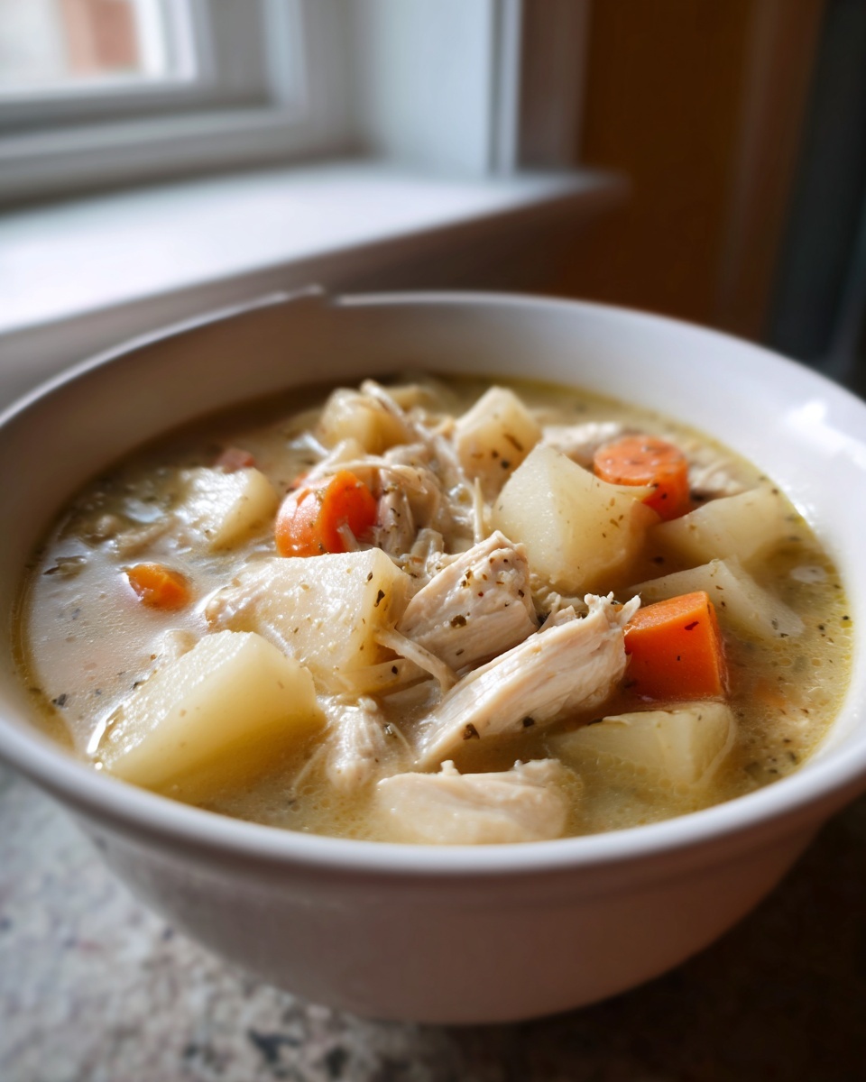 Close-up of a hearty bowl of creamy chicken noodle soup with potatoes and carrots.