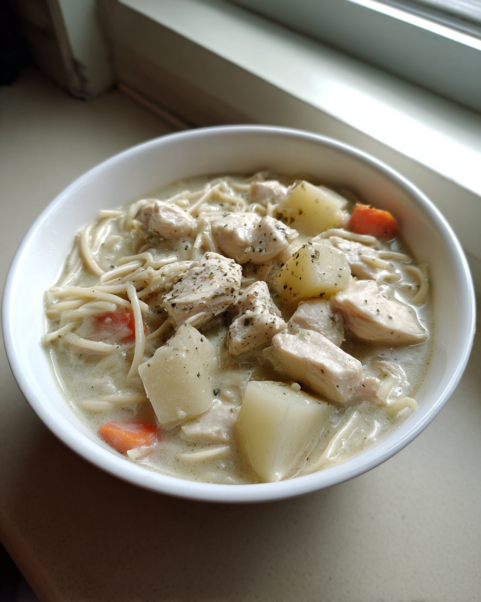 A close-up of a white bowl filled with creamy chicken noodle soup with potatoes and carrots.