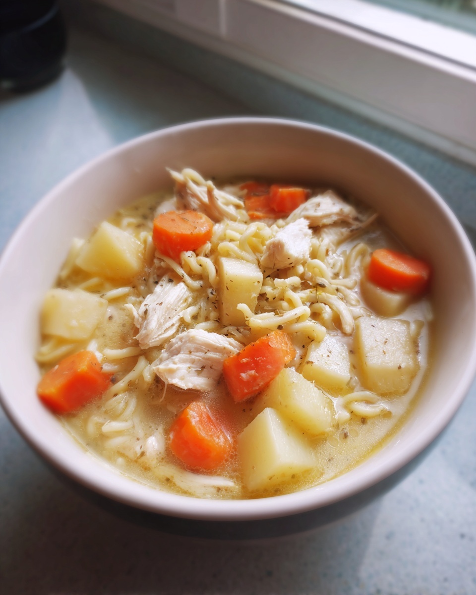 A close-up of a bowl of creamy chicken noodle soup with potatoes, shredded chicken, and bright orange carrots.