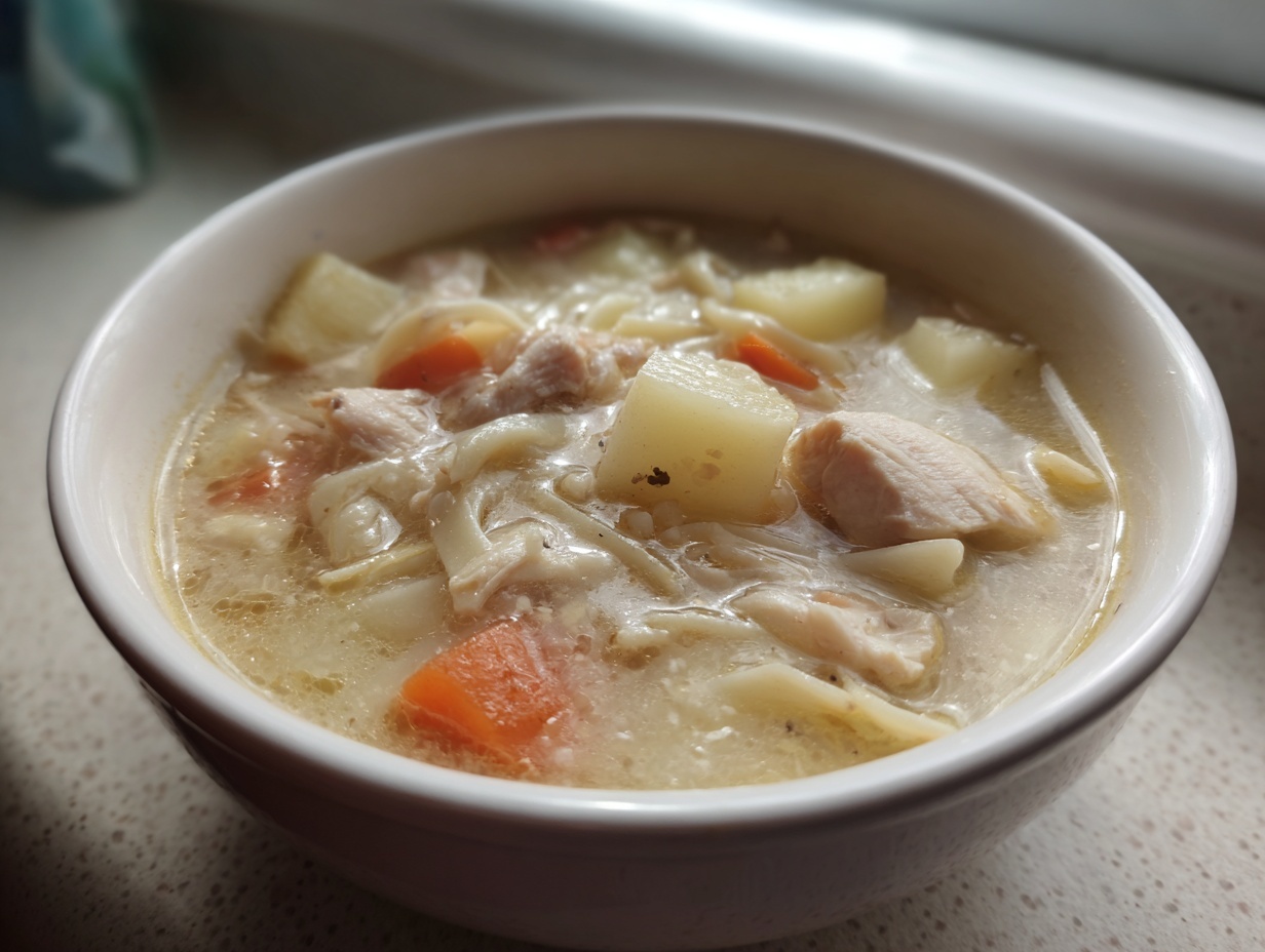 Close-up of a white bowl filled with creamy chicken noodle soup with potatoes and carrots.