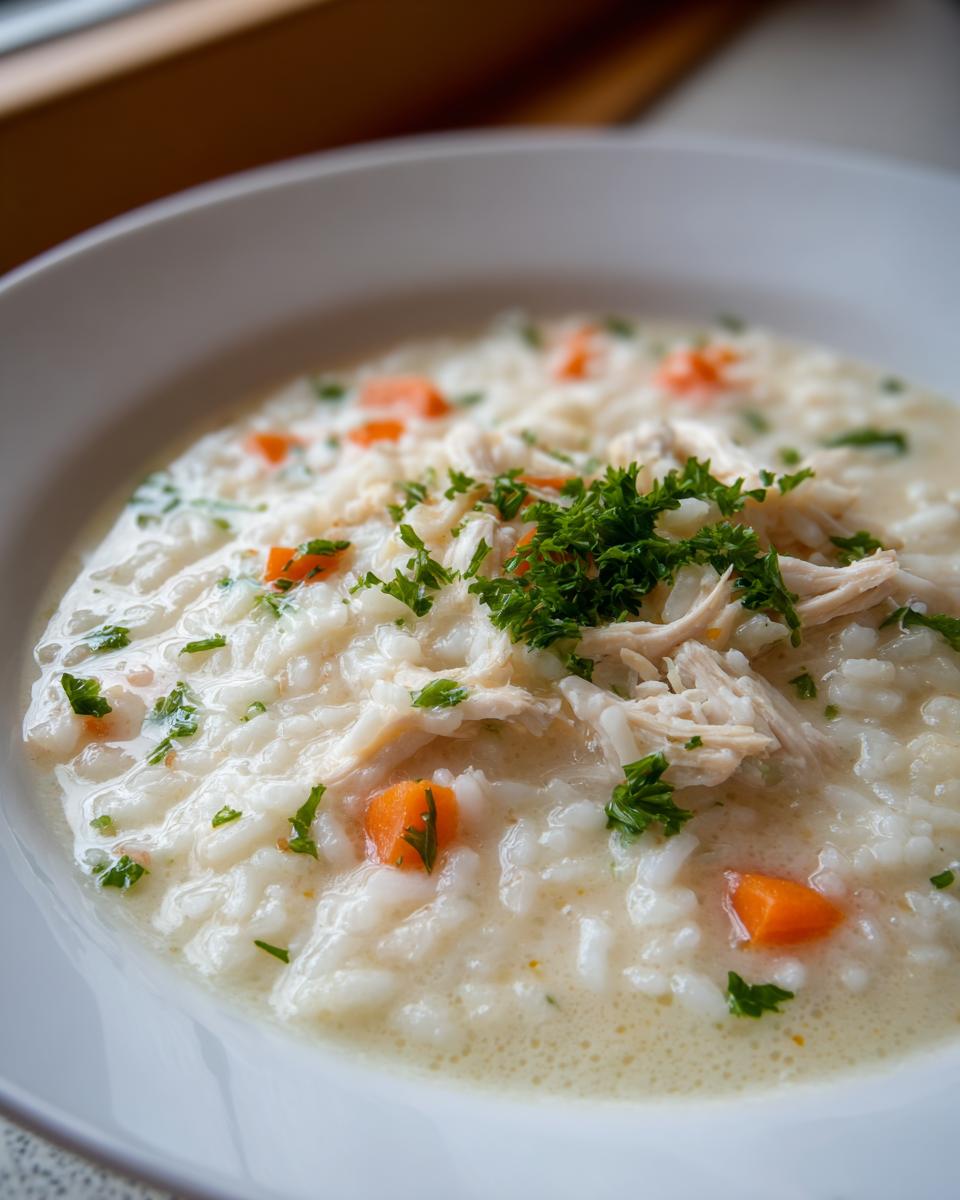 Close-up of a creamy chicken rice soup topped with shredded chicken, diced carrots, and fresh parsley.