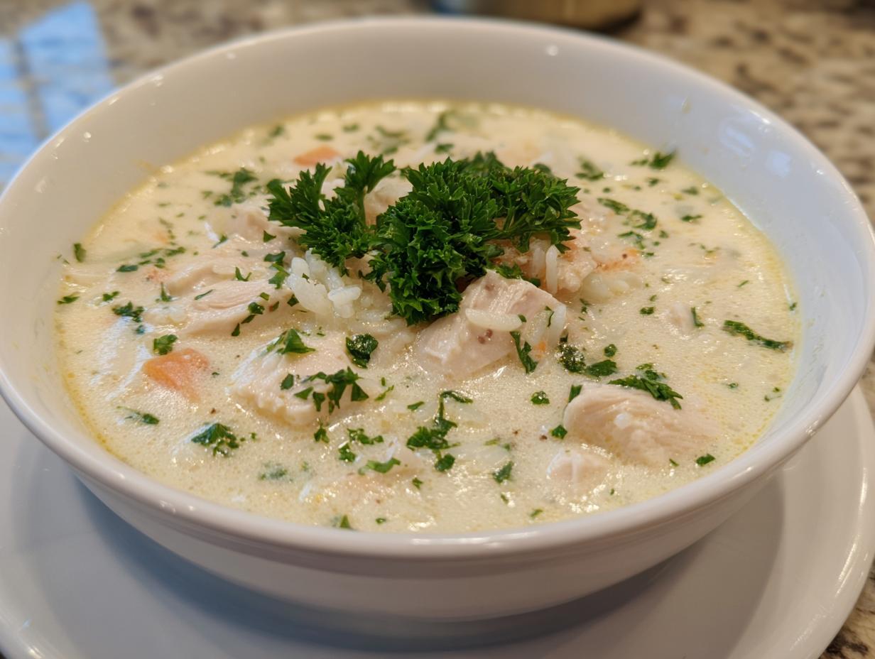 Close-up of a comforting bowl of creamy chicken and rice soup garnished with fresh parsley.