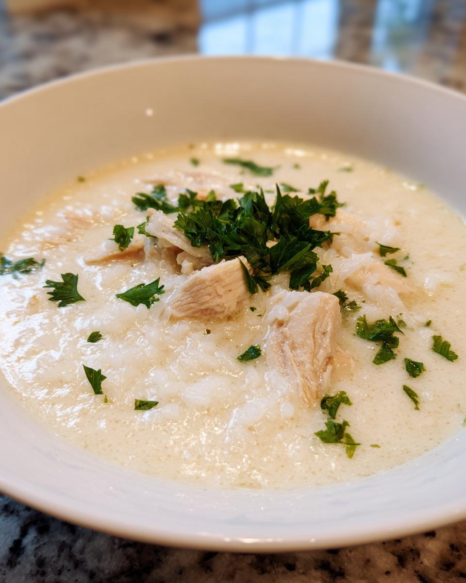 A close-up of creamy chicken and rice soup topped with fresh parsley.
